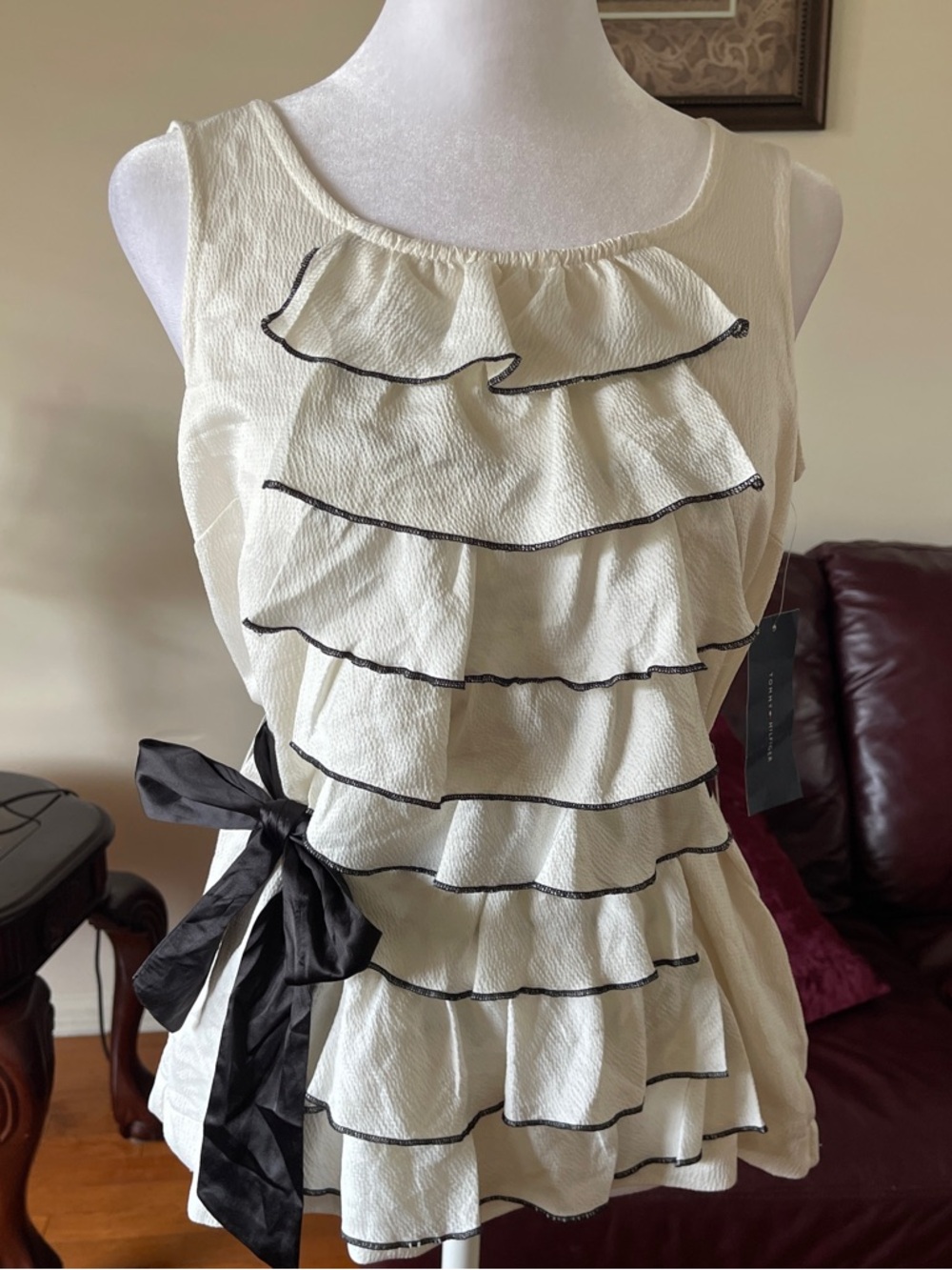 Tommy Hilfiger Ivory Ruffle Top Black Trim Tie Waist Sleeveless Blouse NWT